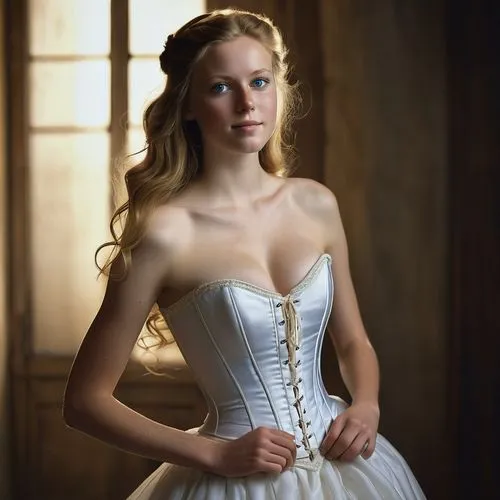 blonde in wedding dress,wedding dress,bridal dress,bridal clothing,girl in white dress,cinderella,wedding gown,wedding dresses,bodice,ball gown,bridal,corset,white winter dress,debutante,rapunzel,white rose snow queen,celtic woman,jessamine,white dress,elegant,Illustration,Realistic Fantasy,Realistic Fantasy 09