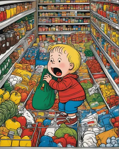 grocer,grocery,supermarket,grocery store,grocery shopping,supermarket shelf,groceries,food spoilage,pantry,greengrocer,whole food,canned food,shopkeeper,consumption,shopper,food storage,consumer,grocery basket,toy store,candy store,Illustration,Children,Children 05