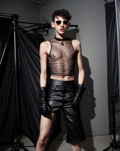 troye sivan, buzz cut, low fade, short hair, youth adult, xs, man, black hair, uhd, 4k, hyper realistic,detailed hands ,detailed eyes,detailed hair,male model,leather,harness,pvc,black leather,bin bag