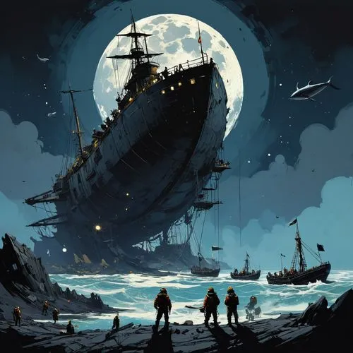 ghost ship,pirate ship,shipwreck,galleon,shipwrecks,ship wreck,bathysphere,whaleship,privateering,pirate treasure,the wreck of the ship,sea fantasy,caravel,sci fiction illustration,privateers,shipwrecked,old ship,merchantmen,piracies,skyship,Conceptual Art,Sci-Fi,Sci-Fi 01