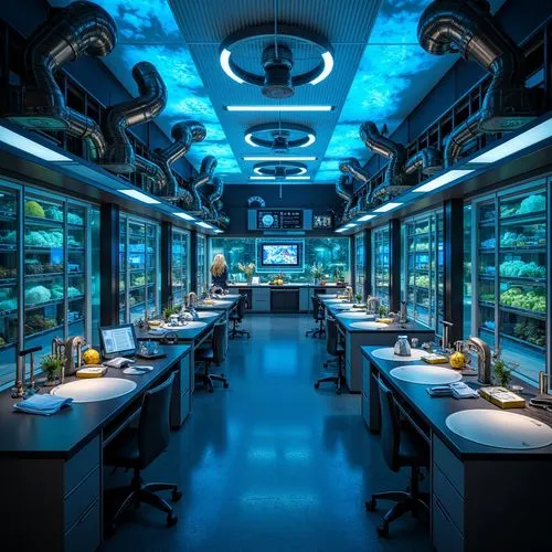 Bioluminescent microbes, futuristic laboratory, modular petri dishes, interconnected vessels, glowing biochemical pathways, spiral staircases, transparent acrylic walls, neon-lit incubators, robotic a