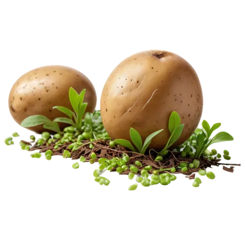 Brown potato, rounded shape, smooth skin, small eyes, green sprouts, detailed texture, shiny surface, solo, centered composition, soft natural light, warm color tone, shallow depth of field, 3/4 view,