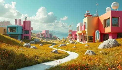 ecotopia,futuristic landscape,fantasy city,virtual landscape,candyland,3d fantasy,imaginationland,dreamlands,fantasy world,fantasy landscape,summerland,homeworld,lazytown,wonderlands,3d render,dreamsville,delight island,seaside resort,cube stilt houses,dreamland,Photography,General,Realistic