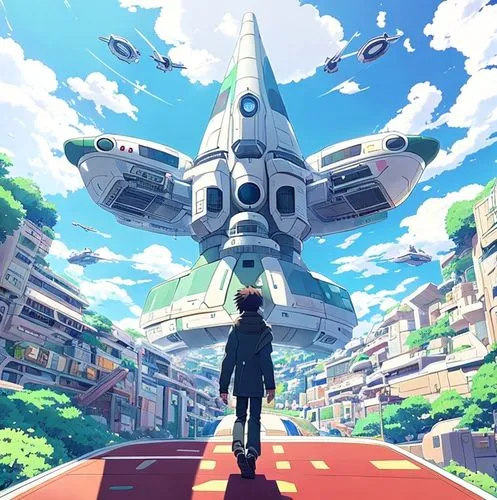 The man in the spaceship,heavy object,mecha,gundam,futuristic landscape,bolt-004,mech,sidonia,scifi,studio ghibli,futuristic,virtual world,sky space concept,bastion,metaverse,violet evergarden,dream w