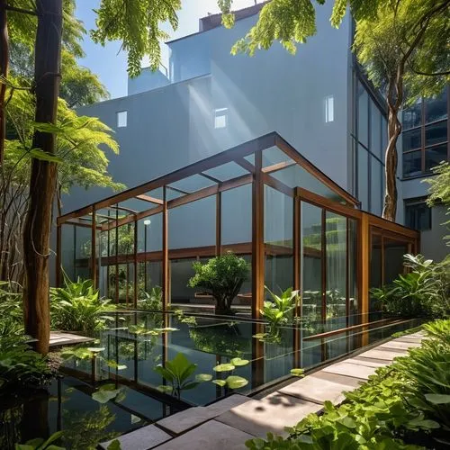 a house is in the middle of a garden and some trees,glasshouse,garden design sydney,cube house,aqua studio,greenhouse,landscape design sydney,Photography,General,Realistic