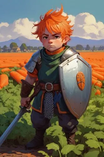 Ryży Marchwiowy, an adult male halfling (short men) warrior, with carrot-orange hairs. He's holding a sword in one hand, and a shield in another. On the shield is enblazoned big carrot. He's wearing a