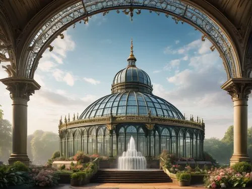 Victorian-era-inspired crystal palace, grandiose scale, intricate iron framework, majestic dome, ornate glass roofs, sparkling crystals, vibrant flowers, lush greenery, delicate fountains, misty atmos