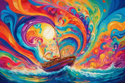 The airborne Lindon sailed through the vast ocean, gliding over the gentle waves with grace and tranquility.,sea fantasy,sea sailing ship,sailing ship,phoenix boat,psychedelic art,maelstrom,sailing,bo