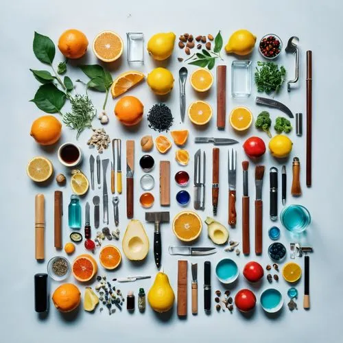 food collage,kitchen tools,food table,makeup tools,reusable utensils,alimentos,Unique,Design,Knolling