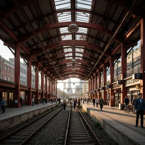 Industrial train station, steel beams, concrete platforms, vintage railway signs, old-fashioned lanterns, metal railings, urban cityscape, bustling crowd, morning rush hour, warm golden lighting, shal