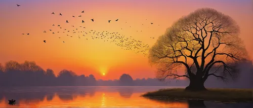 lone tree,landscape background,nature landscape,birds on branch,landscape nature,watercolor tree,birds on a branch,isolated tree,bird painting,river landscape,weeping willow,migratory birds,autumn landscape,mumuration,magic tree,bird island,evening lake,fantasy landscape,beautiful landscape,foggy landscape,Art,Classical Oil Painting,Classical Oil Painting 24