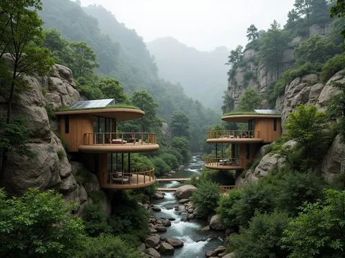 fallingwater,hushan,tree house hotel,hanging houses,floating huts,treehouses,mountain huts,stilt houses,house in the mountains,huashan,house in mountains,cube stilt houses,south korea,wudang,boardinghouses,amanresorts,cabins,chalets,wuyi,bunkhouses