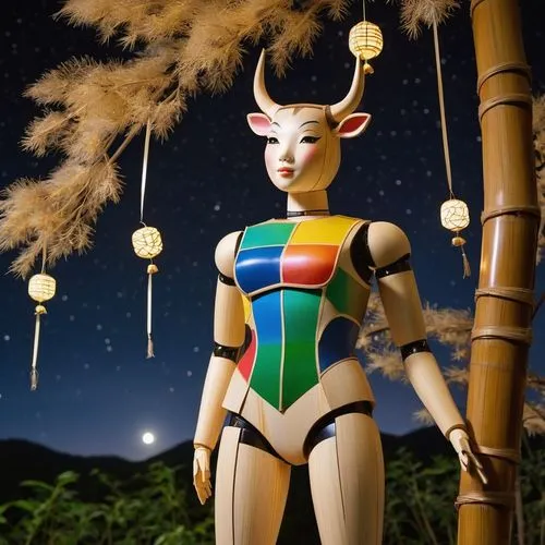 tanabata festival, wood mannequin, tanabata decorations, bamboo with tanzaku strips, cow head, cow face, bovine face, bovine head, female mannequin, female minotaur,  anthropomorphic cow, muscular phy