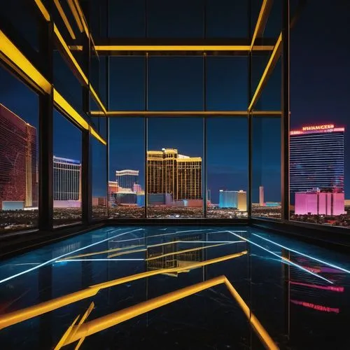 Las Vegas, NV, modern futuristic architecture, neon lights, luxurious skyscraper, grandiose entrance, glass curtain walls, steel framework, marble floors, sleek lines, geometric shapes, vibrant color 