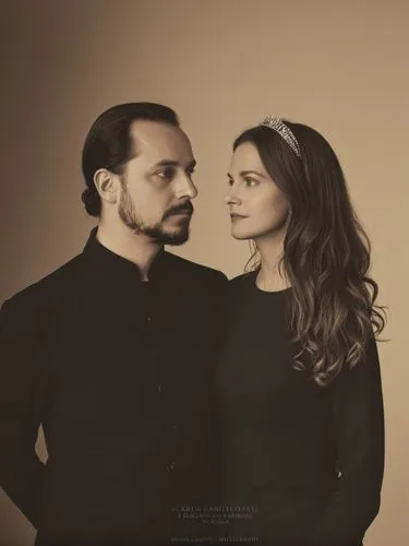 Official black and white photo double portrait of Their Majesties King Charles I and Queen Olga of Württemberg.,two people posing for a pograph together,social,bergersen,guzaarish,farhadi,beautiful co