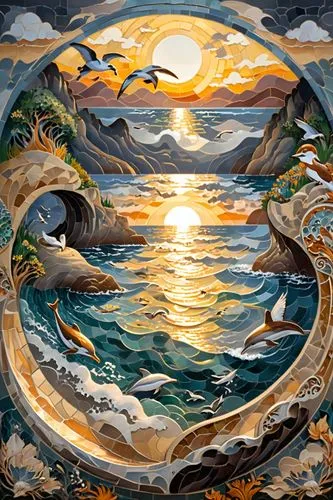 dieckmann,seascape,sea landscape,sun and sea,kalevala,karchner,sun moon,motif,hildebrandt,sea fantasy,el mar,charybdis,samudra,coastal landscape,chromolithography,eckmann,sun and moon,ossian,giersbergen,landscape with sea,Illustration,Retro,Retro 13