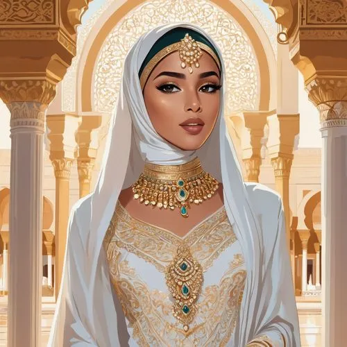 Princess Aouda, Arabian princess, 18yo, beautiful detailed eyes, thick eyelashes, bold eyebrows, golden hair accessories, intricate hijab, luxurious white and gold gown, delicate hands, bejeweled ring