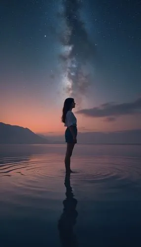 girl standing alone looking at the sky and stars,mermaid silhouette,the dead sea,dead sea,la nascita di venere,the endless sea,inanna