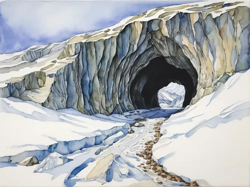 glacier cave,ice cave,entrance glacier,crevasse,blue caves,the glacier,the limestone cave entrance,ice hotel,the blue caves,grosser aletsch glacier,red canyon tunnel,ice landscape,alpine route,gerlitz glacier,glacier,gorner glacier,blue cave,winter landscape,watercolor painting,watercolour,Illustration,Paper based,Paper Based 22