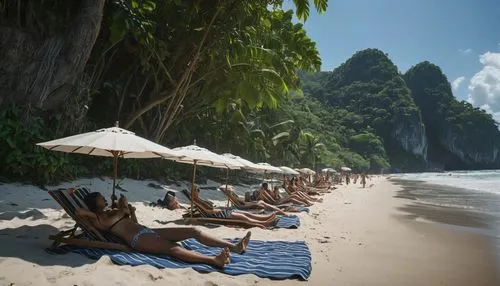 people on the beach lying sunbathing with umbrellas,koh phi phi,railay bay,krabi thailand,khao phing kan,umbrella beach,phuket,paradise beach,white sand beach,dream beach,cliff beach,phuket province,j