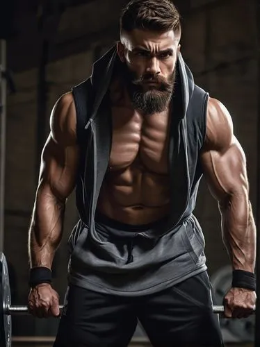 Bearded man, muscular physique, intense facial expression, strong jawline, messy brown beard, mustache, spiky hair, tattoos on arms, sleeveless hoodie, sweatpants, weightlifting belt, heavy weights, g