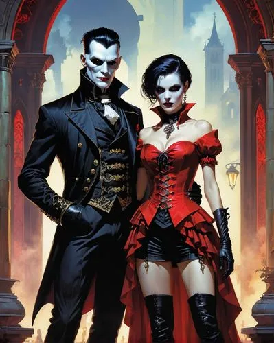 a man and a woman dressed in gothic costumes, cyberpunk art,inspired in Vampire the Mask, gothic art, red tailcoat, pino daeni and dan mumford, legend of the cryptids, magali villeneuve and monet,goth