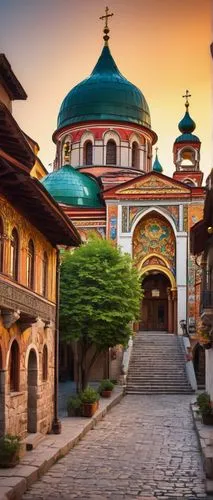 Bulgarian architecture, Orthodox church, golden domes, intricate stone carvings, red brick walls, ornate archways, grand entrance, bell tower, traditional Bulgarian ornaments, vibrant frescoes, detail