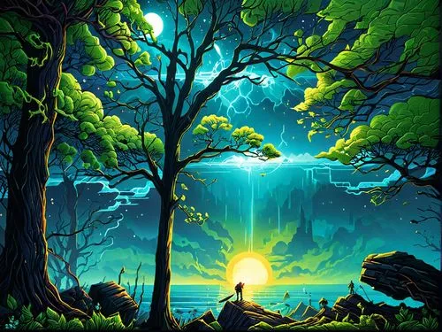 a painting shows the light coming through trees and onto a shore,cartoon video game background,forest background,nature background,beautiful wallpaper,holy forest,fairy forest,Illustration,Realistic F