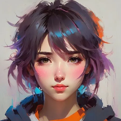 Generate an anime face with blushing cheeks and a shy, downward gaze.,longmei,shimei,tracer,yanmei,xiaoyu,thmei,mei,girl portrait,digital painting,vector girl,colorful doodle,face portrait,fantasy por