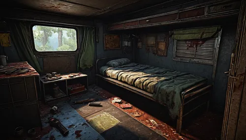 abandoned room,cabin,dormitory,empty interior,abandoned bus,sleeping room,the morgue,treatment room,compartment,asylum,mobile home,fallout4,doctor's room,penumbra,railway carriage,small cabin,derelict,examination room,the vehicle interior,fallout shelter,Art,Artistic Painting,Artistic Painting 06