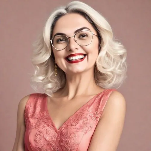 mulher de 50 anos com roupa elegante e cabelos soltos
,pink glasses,with glasses,lace round frames,social,reading glasses,glasses,wallis day,silver framed glasses,pink round frames,riopa fernandi,haet