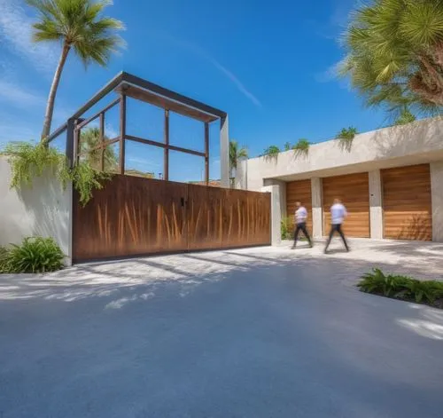 DISEÑO EXTERIOR DE UN DEL ACCESO A UNA RESIDENCIA, UBICADA EN UNA PRIVADA, CON UNA  CALLE DE CONCRETO ESTAMPADO, LA BARDA CON JARDINERA DE FORMIO, PLANTAS Y FLORES COLGANDO DE LA BARDA, PORTON DE ACCE