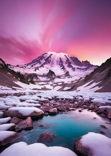 The sky above Edith Creek explodes with pink color during sunset in Mt. Rainier National Park. Photographed by Chase Dekker.,mount rainier,mt rainier,mount hood,mt hood,glacial melt,rainier,gorner gla