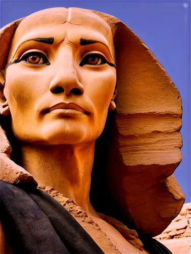 Ancient Egyptian monument, Great Sphinx of Giza, solo, majestic, daytime, sunny weather, blue sky, yellow sand, limestone structure, human-like face, lion's body, mythical creature, detailed fur textu