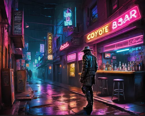 neon coffee,cyberpunk,rain bar,neon drinks,unique bar,neon cocktails,mute,cyber,diner,bar,convenience store,retro diner,neon light drinks,liquor bar,nightlife,coffee shop,street cafe,neon light,drinking establishment,neon sign,Illustration,Abstract Fantasy,Abstract Fantasy 23