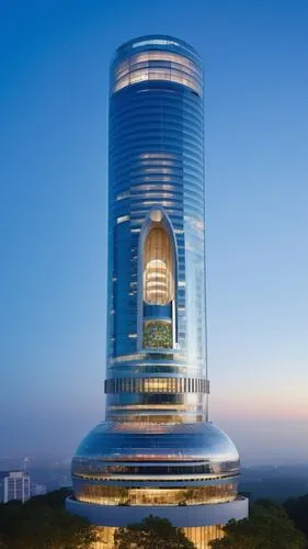 The skyscraper stands majestically against the skyline, its sleek and innovative design a testament to modern architectural excellence. The facade is a seamless blend of glass and steel, reflecting th