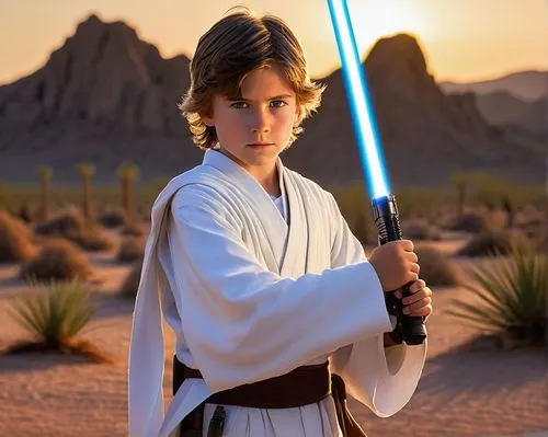 Young Jedi Rylan, boy, 12yo, messy brown hair, bright blue eyes, small nose, gentle smile, white robes, brown belt, lightsaber hilt at side, holding a training remote, standing, desert planet, twin su