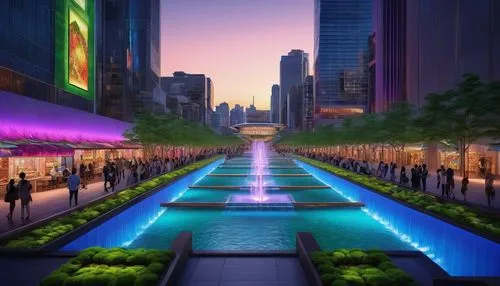 Modern futuristic cityscape, urban planning, skyscrapers, sleek curves, LED lights, neon streets, vibrant nightlife, pedestrian walkway, green roofs, sustainable materials, water features, fountain sh