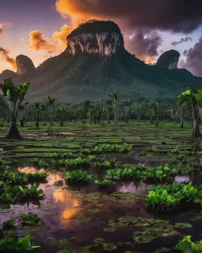 Vinales Valley in Cuba at sunrise,roraima,karst landscape,swampy landscape,viñales valley,purple landscape,fantasy landscape,volcanic landscape,mushroom landscape,an island far away landscape,amazonia