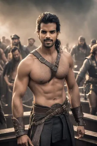 male, villain, ego attitude, blackclothes, bare chest, black and lightning theme, standing as captain on viking battle ship,the actor, in a costume of spartan, poses for the camera,bahubali,dhritarash