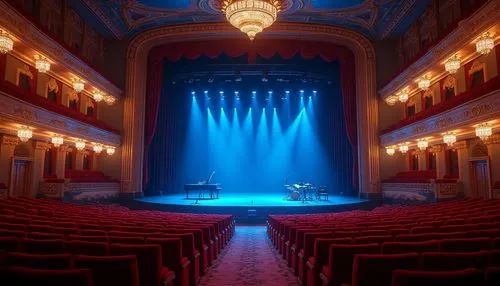 Sky blue accent wall, grand concert house, luxurious interior design, sparkling chandeliers, velvet curtains, plush red seats, ornate golden balconies, intricate moldings, majestic high ceilings, symm