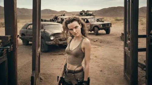 a woman is standing near two military vehicles,mad max,barb wire,marylou,halftracks,brakewoman,girl and car