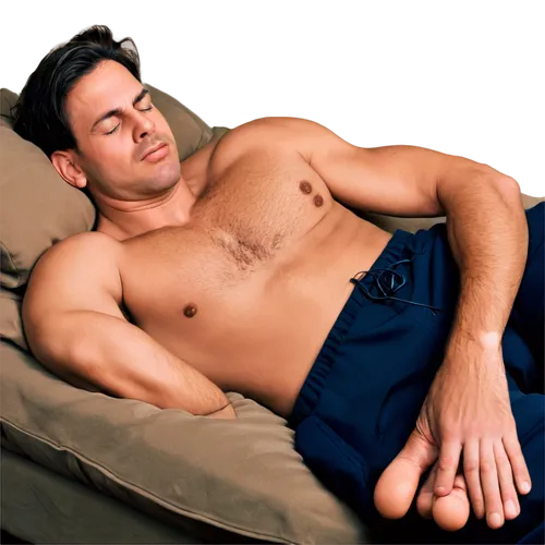 Sleeping man, muscular build, lying on back, loud snoring sounds, MP3 player nearby, earbuds tangled, messy brown hair, stubble, relaxed facial expression, worn-out T-shirt, sweatpants, bare feet, dim