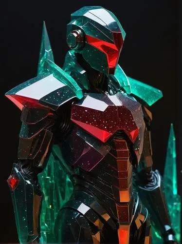 an amazing cybernetic warrior in the middle of the galaxy, a kind of space hero drifting in the open space, (sci fi, fantasy), detailed, complex, sophisticated, crystals, rubies, emeralds ((sculpture 