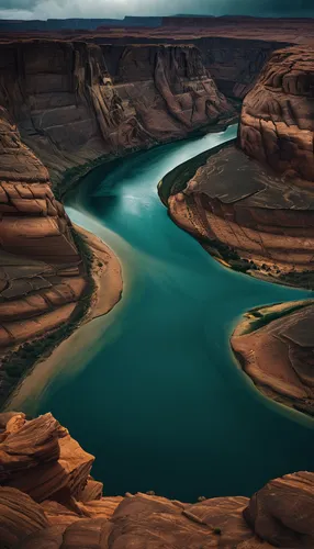 A dim shot of a horseshoe-shaped river bend in a canyon under a stormy sky,horseshoe bend,glen canyon,lake powell,canyon,grand canyon,horsheshoe bend,fairyland canyon,navajo bay,united states national