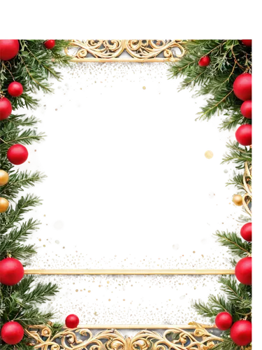 Christmas decorations, festive atmosphere, snowflakes falling, golden lights, red berries, evergreen branches, pinecones, holly leaves, mistletoe, sparkles, glittering effects, ornate frame, intricate