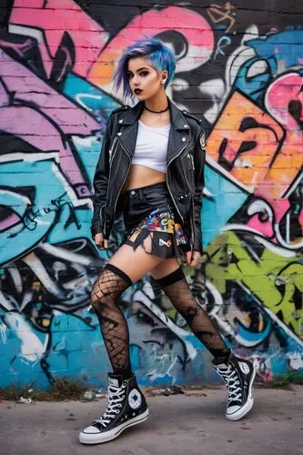 Punkettes, young girls, 15yo, short hair, colorful streaks, bold makeup, nose ring, ripped fishnet stockings, mini skirt, leather jacket, Converse shoes, skateboarding, city street, graffiti wall, sun