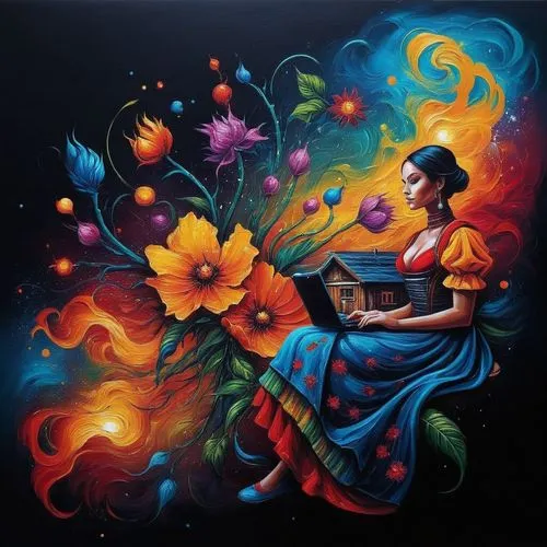 mexican painter,flamenca,flower painting,fire artist,woman playing,art painting,musica,pintura,flamenco,flower art,grafite,splendor of flowers,artista,woman playing violin,meticulous painting,welin,cosmic flower,frida kahlo,cavaquinho,kahlo,Illustration,Realistic Fantasy,Realistic Fantasy 25