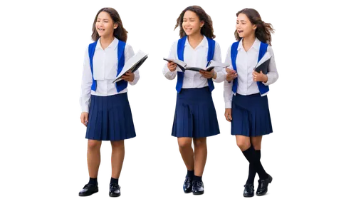 Choir, group of girls, uniforms, blue vests, white blouses, short skirts, black shoes, smiling faces, happy expressions, holding music sheets, standing in rows, gentle lighting, soft focus, warm color