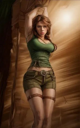 a portrait half body of a beautiful Scarlett Johansson 26 years old brown  hair wearing a brown T-shirt  and green shorts, whit the hands tied to pole stand up in a cave in the jungle at sunset whit t